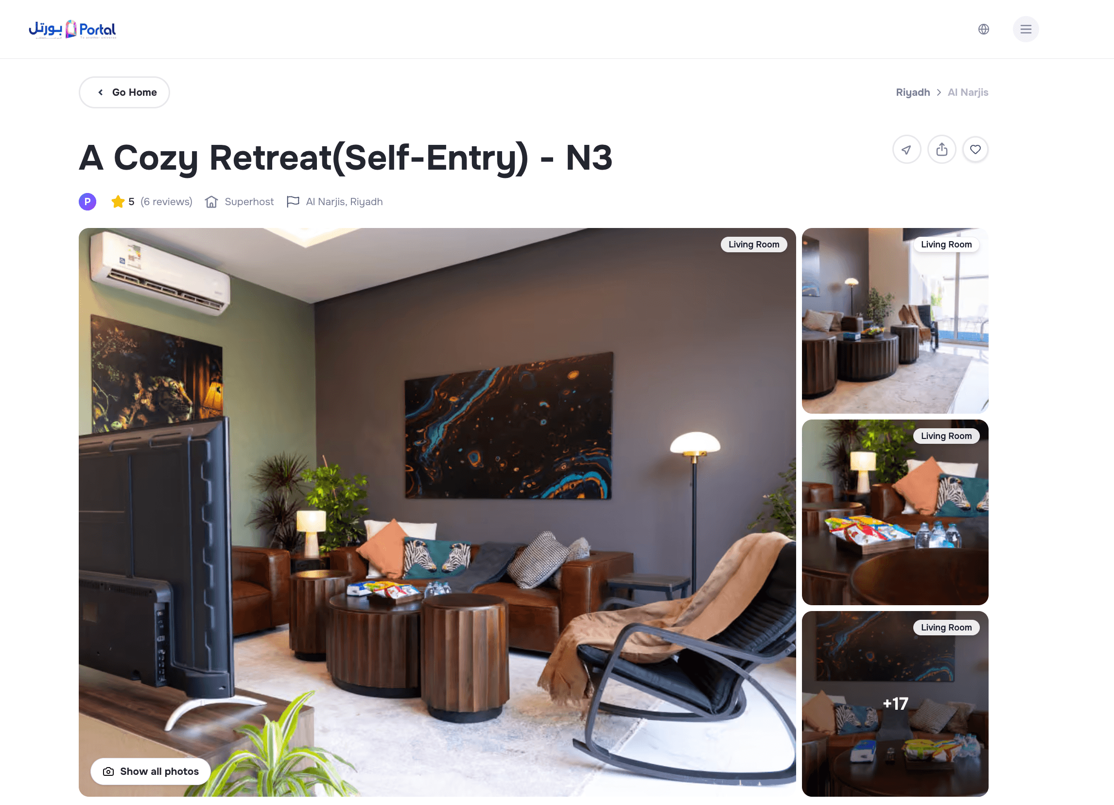 Portal listing page with a photo gallery, rating, and location breadcrumb