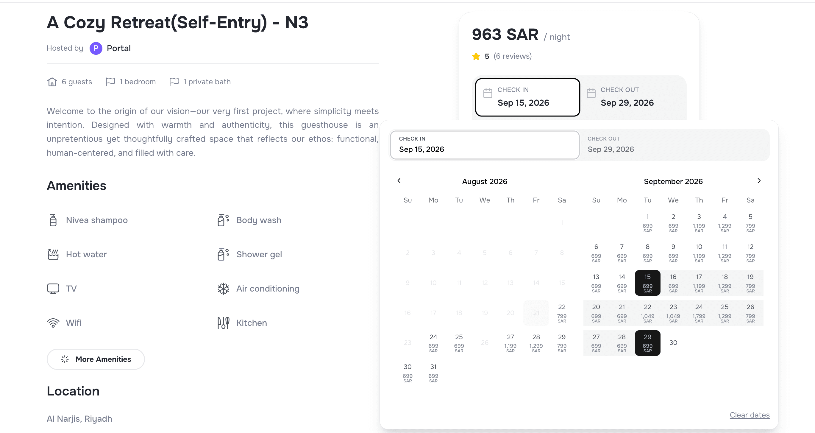 Portal booking calendar showing a two-month date range with a nightly price on each day