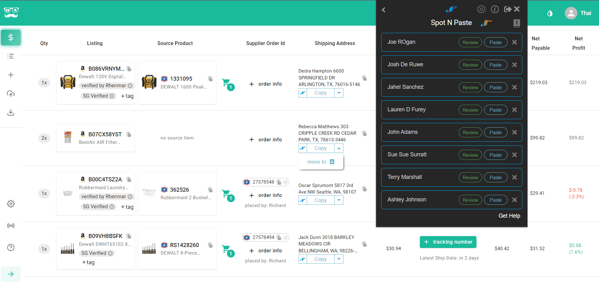 Spot N Paste order list open over an OAGenius dashboard