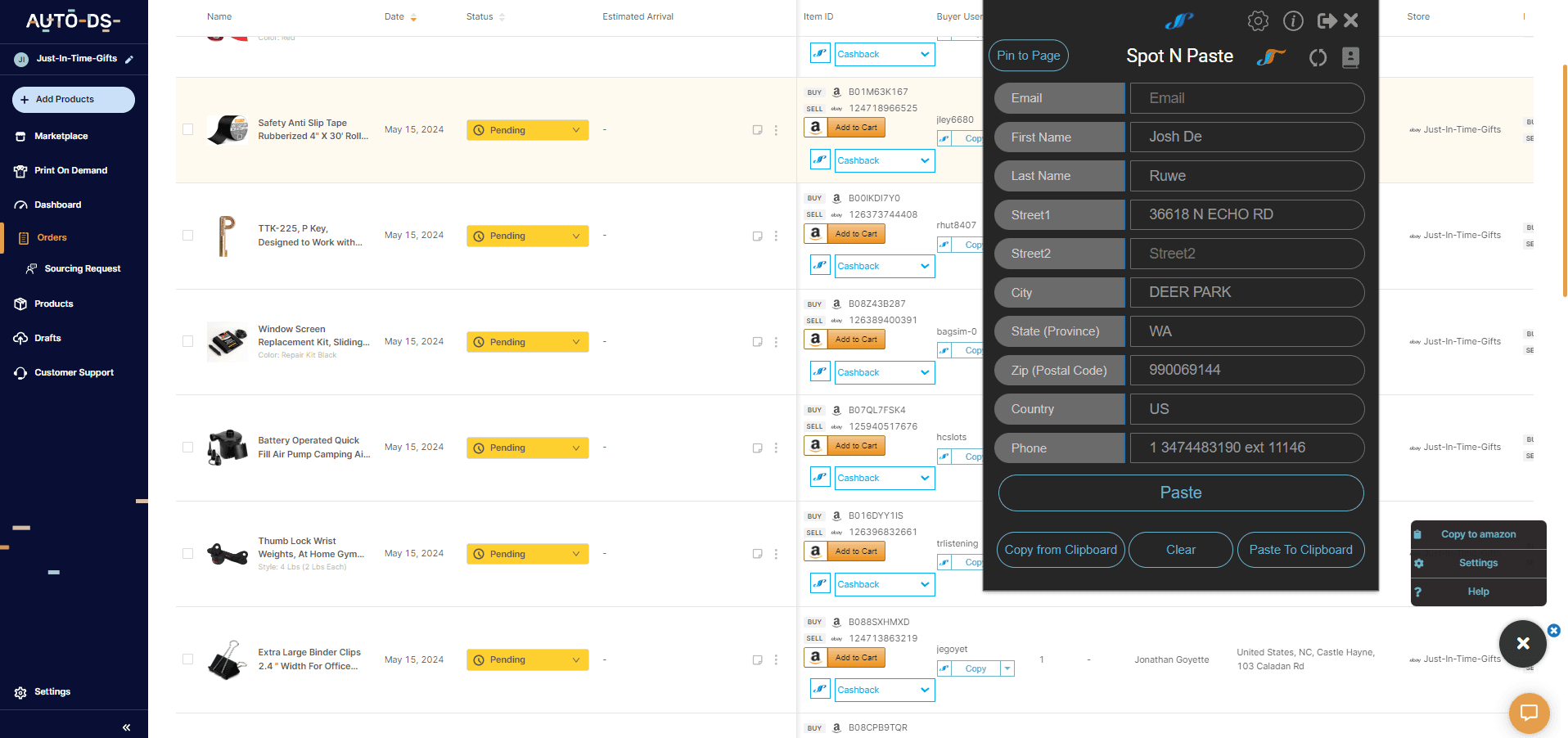 Spot N Paste address panel open over an AutoDS order dashboard